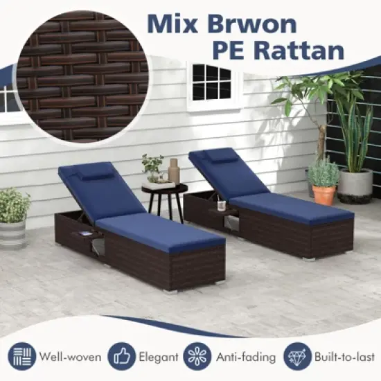 Costway 1/2 PCS Patio Chaise Lounge with 6-level Backrest Comfy Seat Cushion & Headrest Backyard Navy image {7}