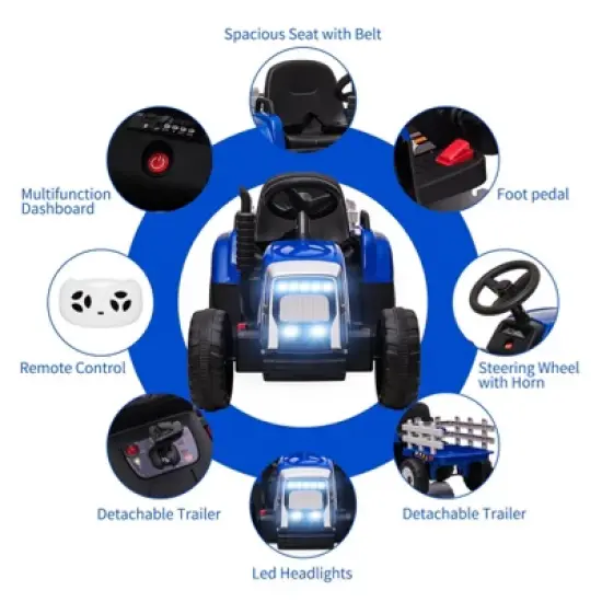 12V Kids Ride On Tractor Battery Powered Electric Tractor w/ Trailer Toddlers，Remote Control, 2+1 Gear Shift, EVA Treaded Tires, LED Lights, MP3, USB image {4}