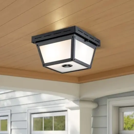 C Cattleya 2-Light Matte Black Motion Sensor Flush Mount Light with White Textured Glass image {1}