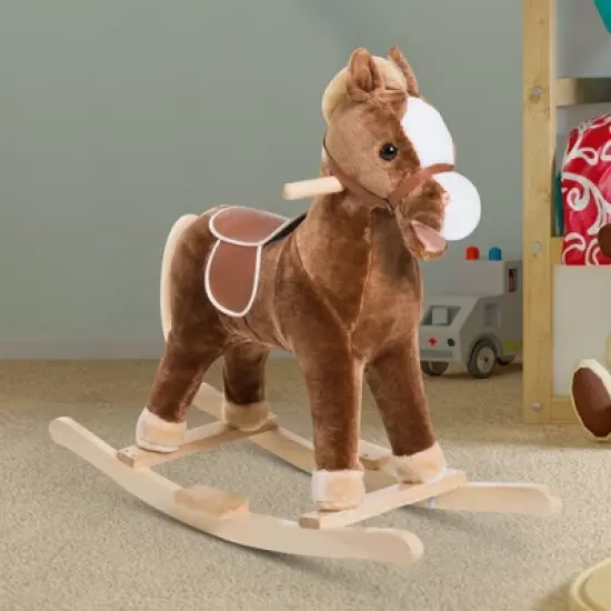 Qaba Kids Plush Toy Rocking Horse Ride on with Realistic Sounds - Brown image {1}
