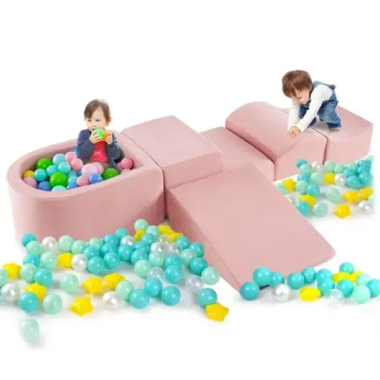 Costway 5PCS Climb and Crawl Playset with Ball Pit for Kids Zippers for Playroom Gray/Pink image {11}