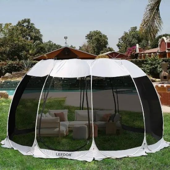Leedor Outdoor Pop Up Portable Screen Tent with Mesh Netting Fiberglass Gazebo Gray image {9}