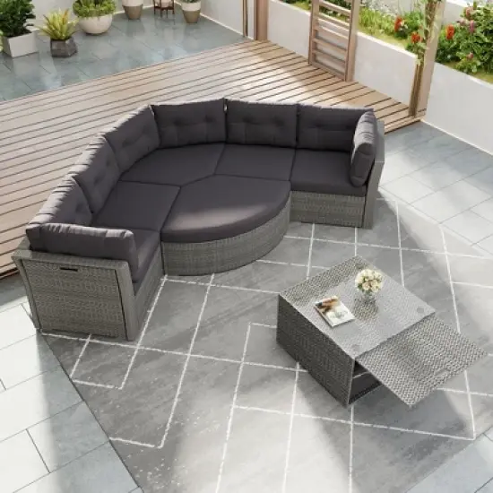 FIONECA Outdoor Patio Rattan Daybed Sectional Furniture Set with Cushions & Center Table &uml;C Grey, Perfect for Patio, Lawn, or Pool image {7}