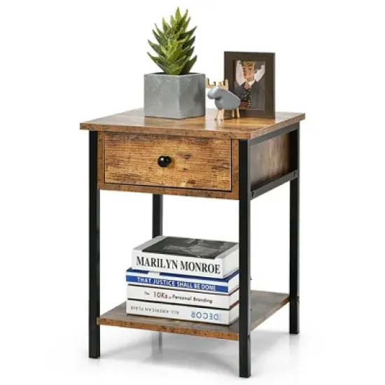 Costway Industrial End Side Table Nightstand with Drawer Shelf Rustic Brown image {9}
