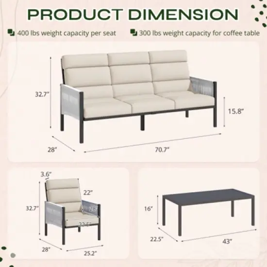 COWLOWN 4 Piece Khaki All Weather Aluminum Modern Sectional Conversation Patio Couch Set with Thick Cushions image {3}