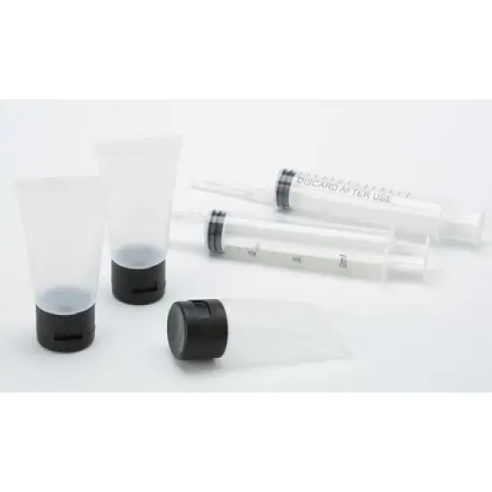 TravelWell 50 Pcs Clear Plastic Empty Bottles with Black Flip Cap, 30ml, Includes 2 Injector Syringes, Refillable Hand Cream Tubes image {2}