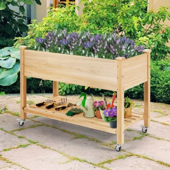 Tangkula Elevated Garden Bed Wood Planters with Storage Shelf Wheels & Liner Suitable for Vegetable Flower Herb image {2}