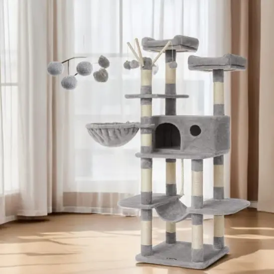 64.6 Inches Large Cat Tree Tower, Tall Cat Activity Center with Hammock, Basket, and Removable Fur Ball Sticks, Cat Condo Cat Houses for Indoor Cats image {5}