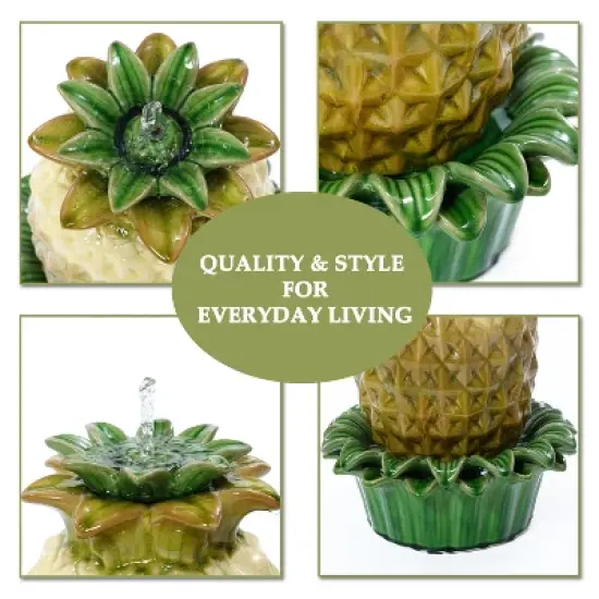 LuxenHome 17" Tabletop Ceramic Water Fountain, Pineapple Indoor and Outdoor Waterfall Fountains for Patio, Garden Decor Yellow image {5}
