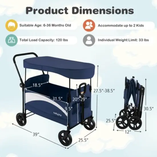 Infans 2-Seat Stroller Wagon Folding Baby Stroller w/ Adjustable Canopy & Handles Navy image {8}