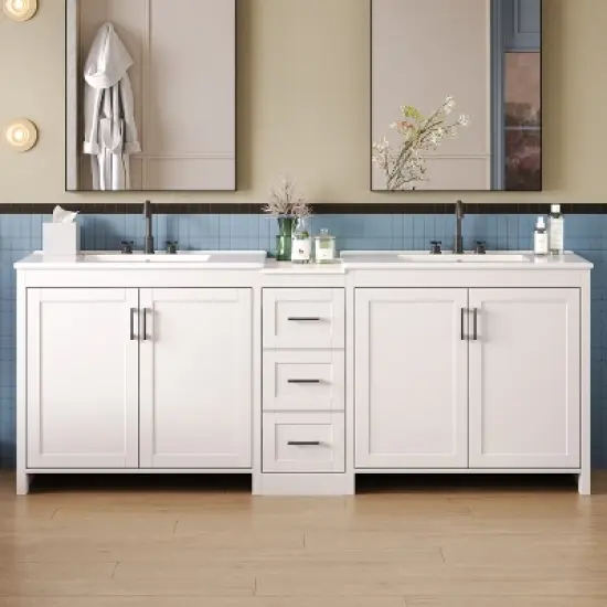 Christopher Knight Home Lucian Modern 84" Double-Sink Bathroom Vanity with Ceramic Sinks, 3 Drawers and Adjustable Shelves image {8}