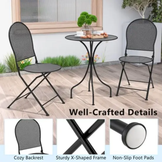 Costway 3 PCS Metal Bistro Set Round Table & 2 Folding Chairs with Rattan-Like Pattern Black/White image {8}
