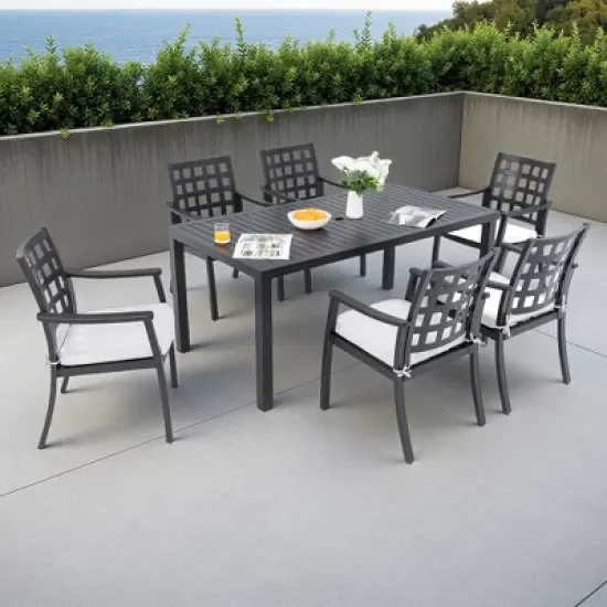 7-Piece Outdoor Patio Aluminum Dining Set with 67" Rectangular Table, 6 Cushioned Armchairs, and Umbrella Hole image {8}