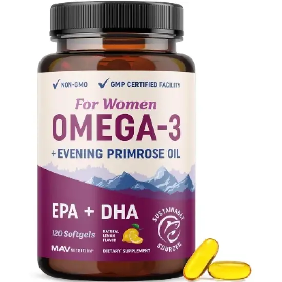 Omega 3 with Evening Primrose Oil Softgel for Women, Hormone Balance, Skin & Overall Wellness Support, Lemon Flavor, MAV Nutrition, 120ct image {9}