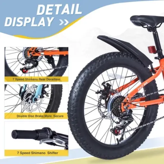 NAYSAYE Bicycle 24 Inch Fat Tire Mountain Bike 7 Speed for Boys and Girls for Beach and Snow, Orange, 64.17"*24.8"*35.04" image {2}