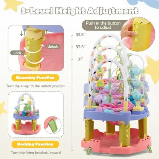 Safstar Baby Activity Center, 3-Stage Bouncing Activity Saucer & Playtime Mat & Activity Table, 3 Adjustable Heights for Infants & Toddlers, Pink image {5}