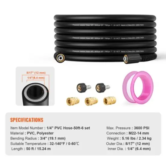 VEVOR Pressure Washer Hose, 50 FT, 1/4" Kink Free M22-14mm Brass Thread Replacement For Most Brand Pressure Washers, 3/4'' Bending Radius, Black image {7}