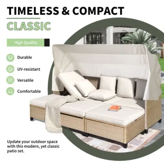 4 Piece UV-Proof Resin Wicker Patio Sofa Set, Wicker Outdoor Patio Conversation Set,Patio Daybed with Cushions,Retractable Canopy-Coolbibila image {2}