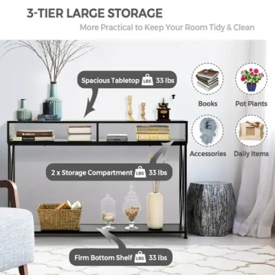 Costway Steel Frame  Console Table with Open Shelf and Storage Compartments  Black image {4}