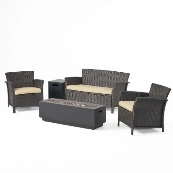 Christopher Knight Home Khaden Outdoor Wicker 4 Seater Chat Set with Fire Pit image {12}