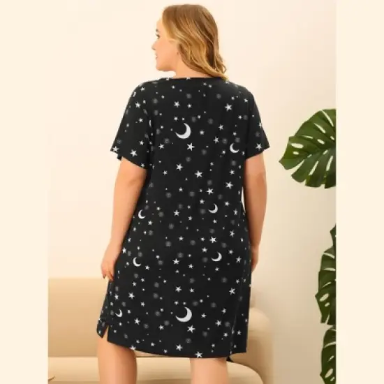 Agnes Orinda Women's Plus Size Comfort Pajamas Star Moon Pattern V Neck Short Sleeve Nightgown image {3}