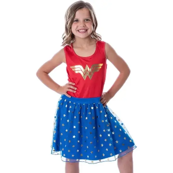 DC Comics Girl's Wonder Woman Logo and Stars Tank Nightgown Costume Pajama Red/Blue image {4}