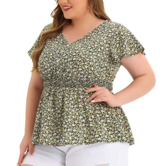 Agnes Orinda Women's Plus Size Peplum Top Flare Sleeve Casual V Neck Smocked Waist Floral Blouses image {7}
