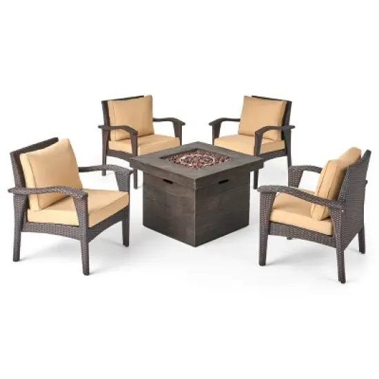 Keana 5pc Faux Rattan Club Chair & Fire Pit Chat Set - Christopher Knight Home image {14}