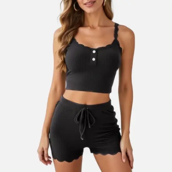 Anna-Kaci Lounge Women's Ribbed Lace Trim Pajama Set with Button Front and Drawstring Shorts image {7}