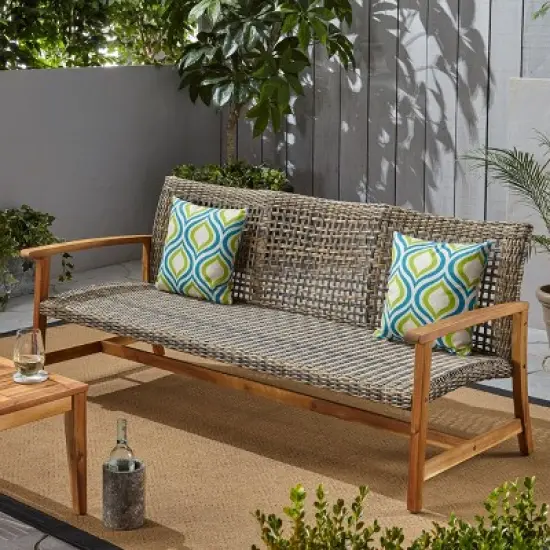 Christopher Knight Home Sewell Outdoor 85" Acacia Wood and Wicker 3 Seater Sofa image {7}