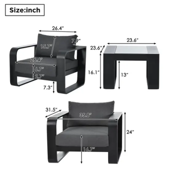 YOOCOZZ 3-Piece Aluminum Patio Set with Thick Cushions and Coffee Table - Gray And Black image {9}