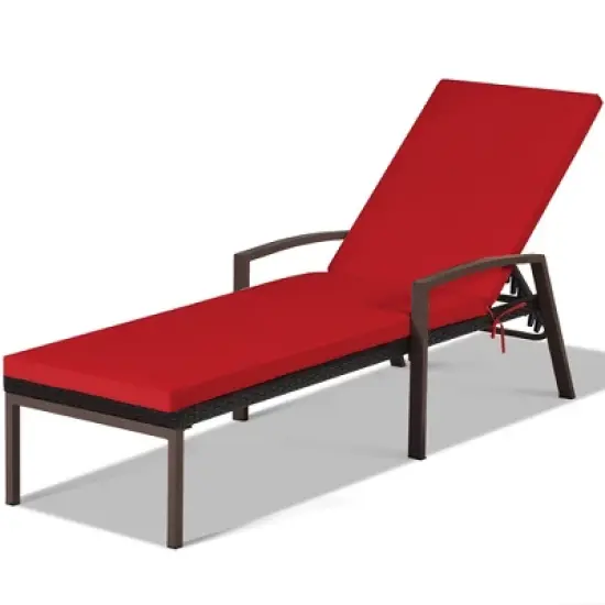Costway Patio Rattan Lounge Chair Chaise Recliner Back Adjustable Cushioned Outdoor Red image {6}