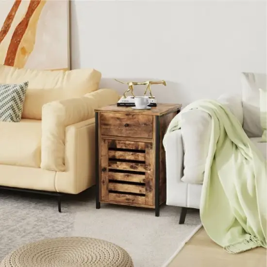 Costway 2PCS Nightstand W/ Drawer Cabinet Adjustable Shelf Industrial Side Table Rustic image {3}