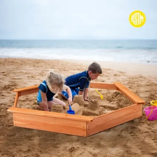 Costway Hexagon Wooden Cedar Sand Box w Seat Boards & Cover & Ground Liner image {3}