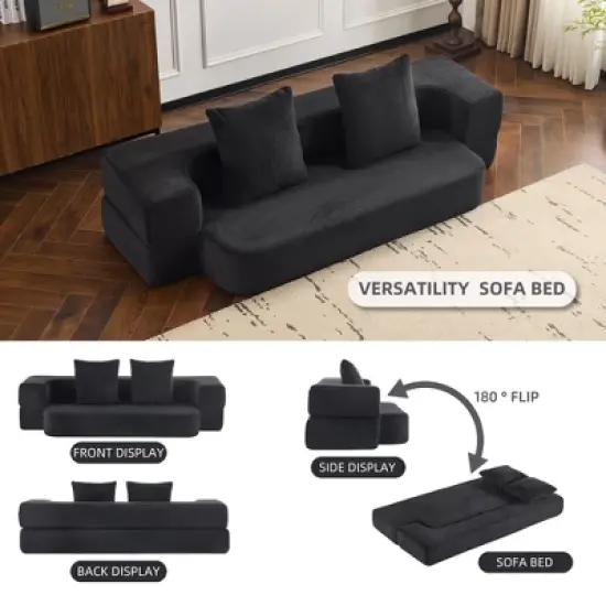 Ebern Designs Transformable Sectional Sofa with 3 Ottoman Stools - Supportive Polyester Fold-Out Bed, Compact Polyester Lounger for Small Spaces Home image {2}