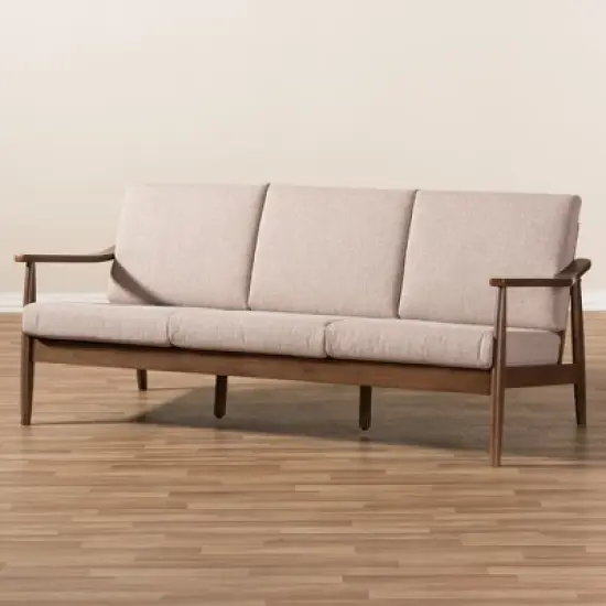 Venza Mid-Modern Walnut Wood Fabric Upholstered 3 Seater Sofa Light Brown - Baxton Studio image {7}