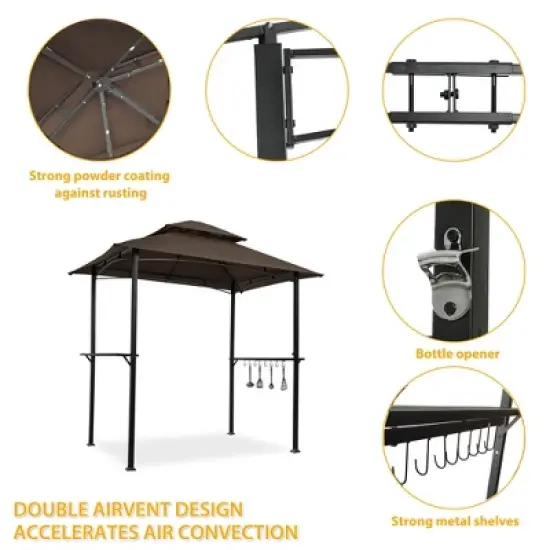Sevobal Patio Umbrellas Outdoor Grill Gazebo Shelter Tent, Double Tier Soft Top Canopy And Steel Frame With Hook And Bar Counters, Brown, 95"*59"*97" image {3}