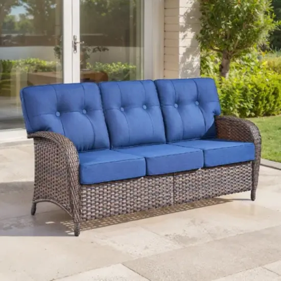 Belord 75" Outdoor Sofa PE Wicker Patio Couch, Patio Furniture Sofa Couch with Deep Seat and Olefin Cushion Cover for Porch Balcony Deck image {12}