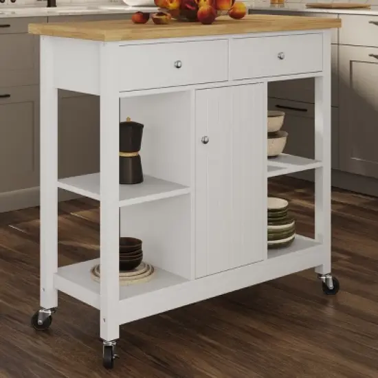 Kitchen Island with Drawers &ndash; Rolling Cart with Locking Casters &ndash; Use as Coffee Bar, Microwave Stand, or Shelves for Storage by Lavish Home (White) image {1}