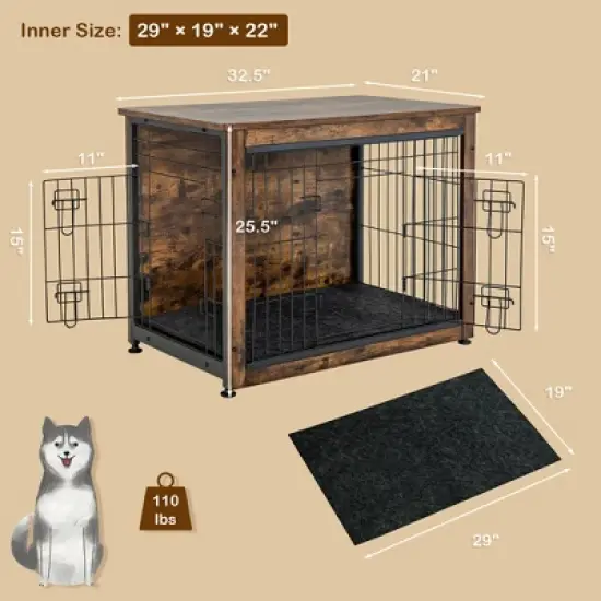 Tangkula Wooden Dog Crate Furniture with Pad Bed Double Doors Dog Kennel End Table image {7}