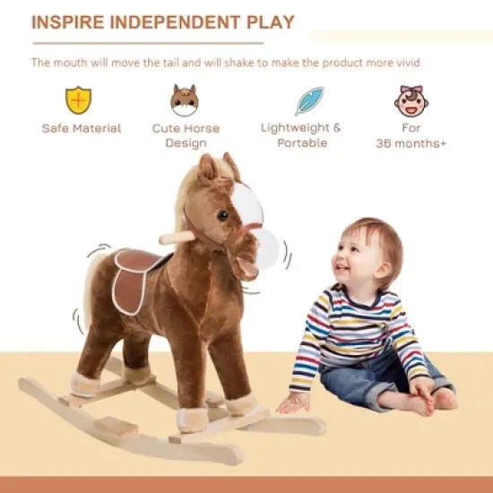 Qaba Kids Plush Toy Rocking Horse Ride on with Realistic Sounds - Brown image {2}