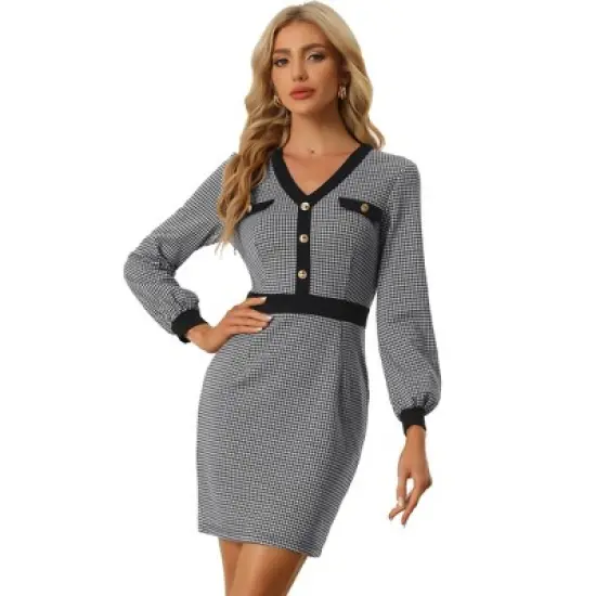 Allegra K Women's Houndstooth V Neck Long Sleeves Elegant Sheath Dresses image {6}