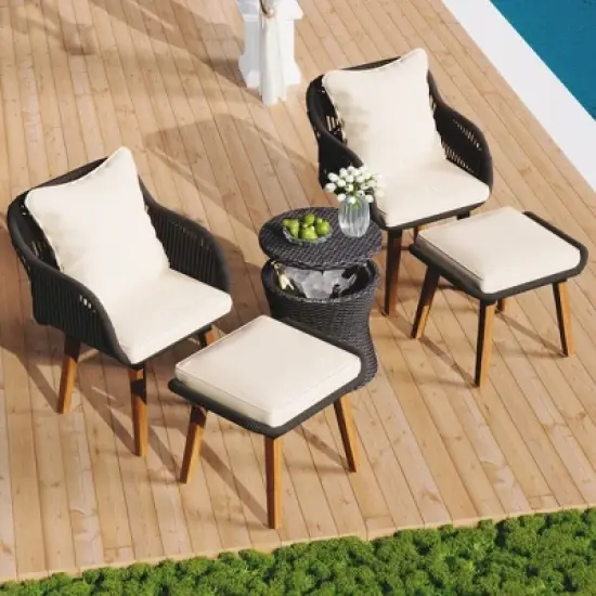 FIONECA 5-Piece Patio Conversation Set with Wicker Cool Bar Table, Chairs & Ottomans, Outdoor Furniture Bistro Set, Black & Beige image {2}