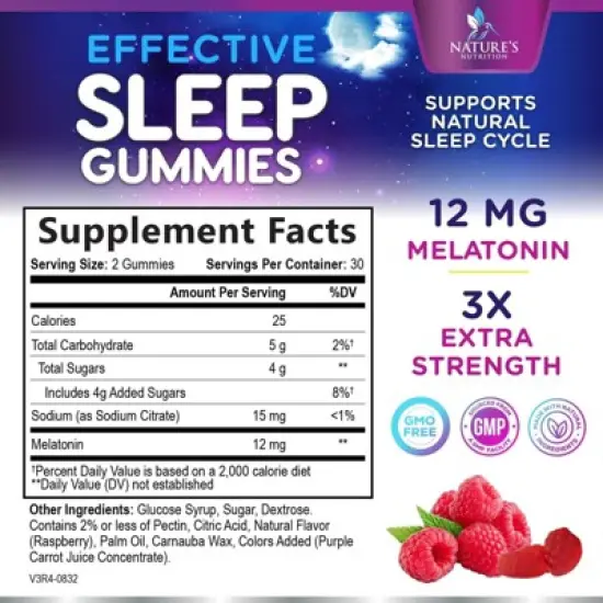 Sleep Gummies with Melatonin Sleep Gummy - 12 mg Melatonin, Natural Melatonin Gummy, Occasional Sleep Support - 60 Gummies By Nature's Nutrition image {1}