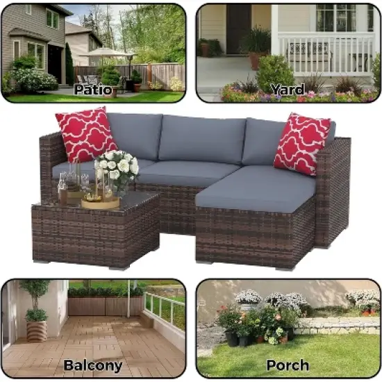 5-Piece Outdoor Sectional Sofa Set with Cushions & Glass Table, All-Weather Wicker Patio Furniture for Balcony, Garden, Porch image {4}