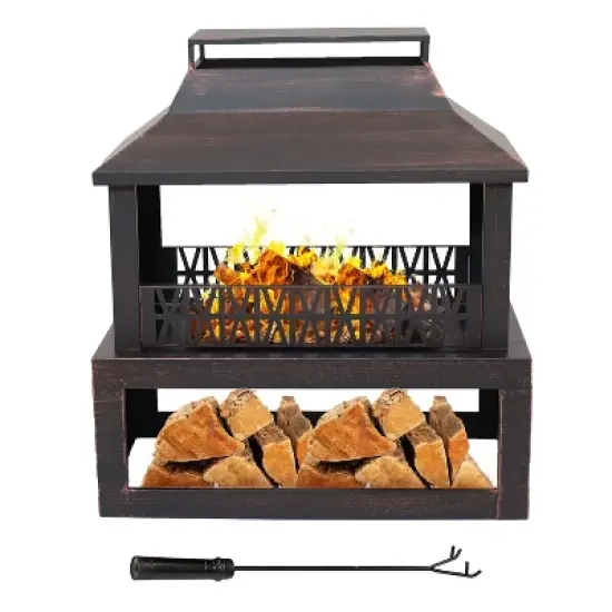 Sunnydaze Backyard Blaze Heavy-Duty Steel Outdoor Fireplace - Built-In Log Storage and Protective Cover - 35-Inch H - Brushed Bronze image {14}
