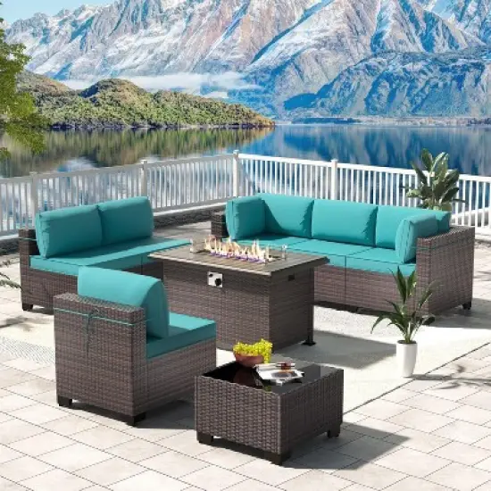 ALAULM 8 Pieces Outdoor Patio Furniture Set with 43" Gas Propane Fire Pit Table PE Wicker Rattan Sectional Sofa image {9}