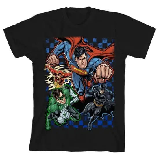 The Justice League Superheroes on Checkered Background Black Graphic Tee Toddler Boy to Youth Boy image {4}