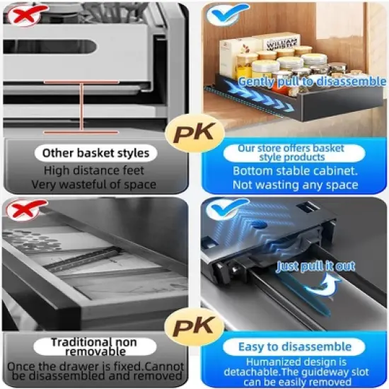 Expandable Carbon Steel Pull Out Cabinet Organizer, Slide Out Drawer with Adhesive for Kitchen, Pantry, Bathroom Vanity image {6}