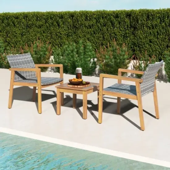 Costway 3 PCS Outdoor Furniture Set, Acacia Wood Frame Sofa Set with Rattan Seat image {4}